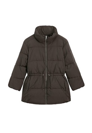Ciemnobrązowa pikowana kurtka puchowa z wysokim kołnierzem, zapinana na zamek, z elastycznym sznurkiem w talii oraz długimi, szerokimi rękawami. Gładka, pikowana faktura.
