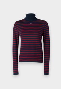 Maglione a collo alto a righe blu navy e rosso in morbido filato, con maniche lunghe e design aderente. Presenta un piccolo logo all'occorrenza.