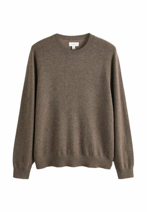 Brauner Wollpullover mit rundem Ausschnitt, langen Ärmeln, geripptem Saum und weicher, strukturierter Oberfläche. Mit Raglan-Ärmeldesign.