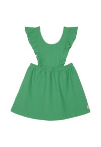 Groene jurk met ruche mouwen, gestructureerde stof en elastische tailleband. Aansluitend rokontwerp met een ronde hals en zijlabeldetail.