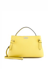 Gelbe Lederhandtasche mit einer strukturierten Oberfläche, ausgestattet mit einem Obergriff und einem abnehmbaren Schultergurt. Minimalistisches Design mit verstellbaren Seitengurten.