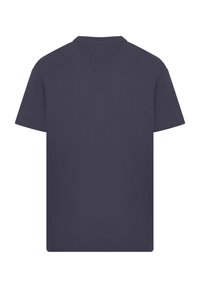 Navy blue cotton t-shirt, short sleeves, round neckline, plain design, slightly textured fabric, unadorned back view.