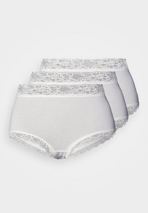 Trys komplektai aukštai liemenei skirtų šviesiai pilkų medvilninių kelnaičių, kurių liemuo ir kojų angos puošti balta nėriniu.