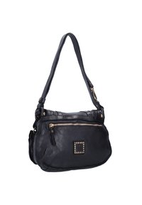 Borsa a tracolla in pelle nera con una sola tracolla, scomparti con zip e dettagli in borchie. Presenta una superficie testurizzata e una silhouette curvata.