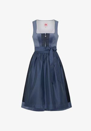 Robe marine à décolleté carré, avec une fermeture éclair à l'avant et un corsage ajusté. Présente un nœud à la taille et une jupe évasée, légèrement texturée.