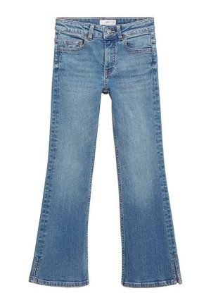 Lyseblå denimjeans med let udvidede ben og små slidser ved kanten, der har forlommer og bæltestropper.