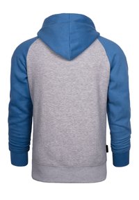 Hooded sweatshirt with a gray body and blue raglan sleeves. Features soft fabric, ribbed cuffs, and a drawstring hood.