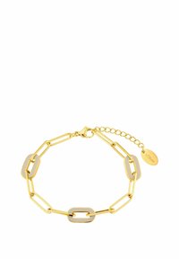 Bracciale color oro con maglie allungate interconnesse e due accenti rettangolari. Catena regolabile con chiusura e un'etichetta del marchio.