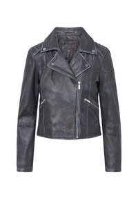 Black leather jacket with a cropped design, angled lapels, silver zippers, and subtle blue stitching accents. Smooth texture, long sleeves.