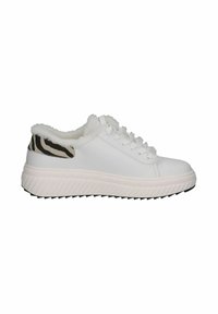 Valged sneakers, millel on tekstuurne tald, karvane valge vooder ja must-pruun triibuline aktsent kontsapooles. Omab ümmarguseid paelu ja sujuvat ülemist osa.
