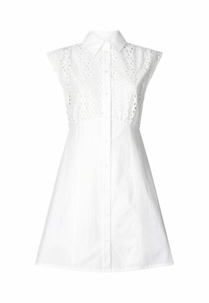 Abito bianco senza maniche con colletto a camicia, caratterizzato da dettagli ad ago intricati nella parte superiore e una chiusura frontale con bottoni. Tessuto morbido.