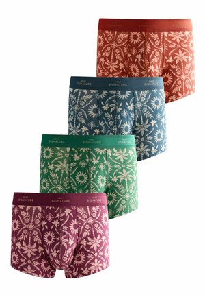 Štyri páry pánskych boxeriek v červenej, modrej, zelenej a fialovej farbe s bielymi tropickými kvetinovými vzormi a značkovanými pásmi s nápisom "Next Signature."