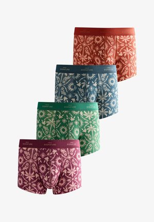 Vier Paar Herren-Boxershorts in Rot, Blau, Grün und Lila mit weißen tropischen Blumenmustern und gebrandeten Bund mit der Aufschrift "Next Signature."