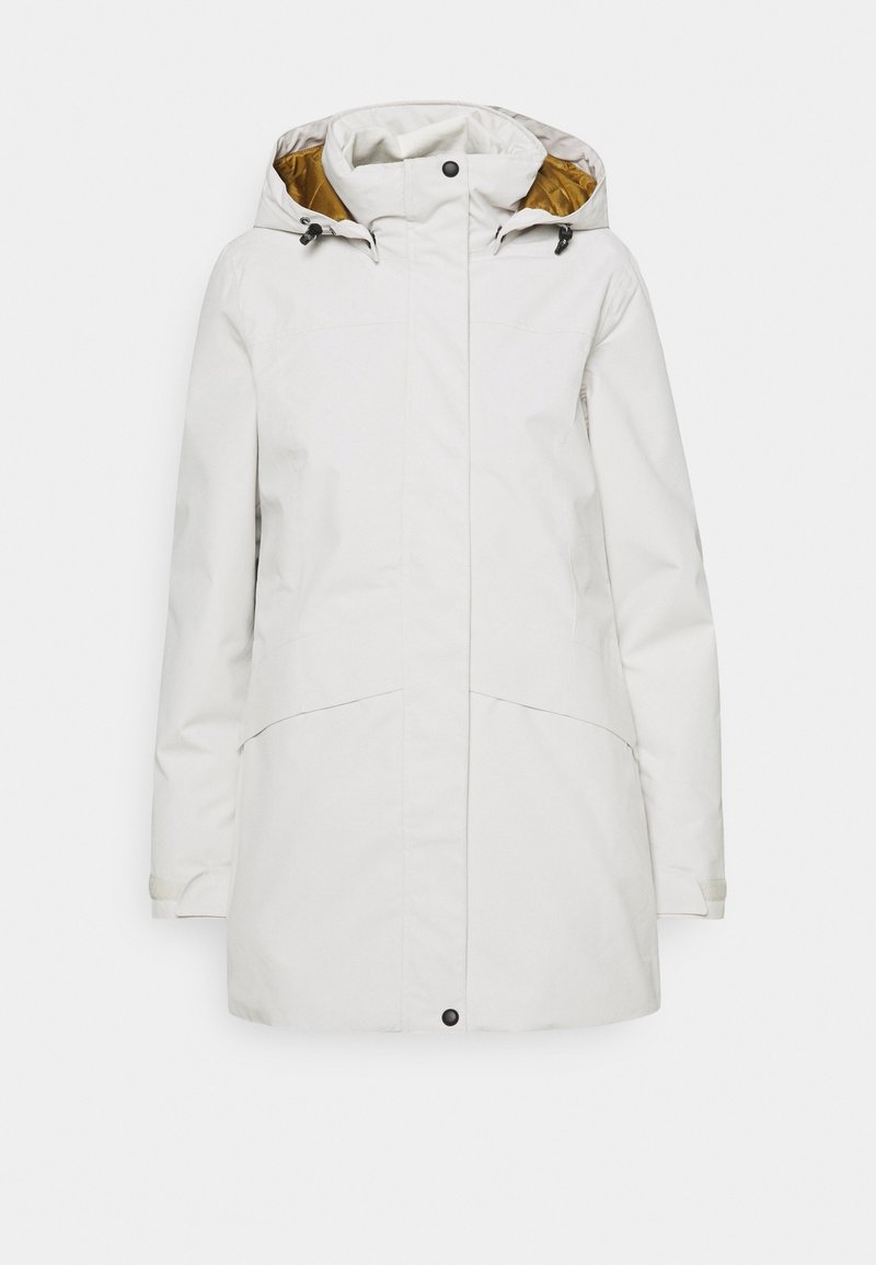 Veste blanche imperméable avec capuche, dotée d'une doublure intérieure dorée contrastante, de poches avant et d'une fermeture éclair avec boutons-pression.