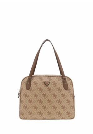 Sac à main beige avec motif monogramme marron, doubles poignées marron et petit logo triangulaire de la marque au centre avant.