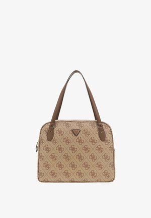 Sac à main beige avec motif monogramme marron, doubles poignées marron et petit logo triangulaire de la marque au centre avant.