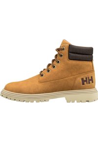 Brown leather boot with padded ankle collar, metal eyelets, laces, and a textured rubber sole. Branding visible on the side.