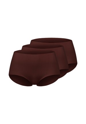 Set aus drei nahtlosen braunen hoch taillierten Slip-Unterhosen, überlappend auf weißem Hintergrund dargestellt.