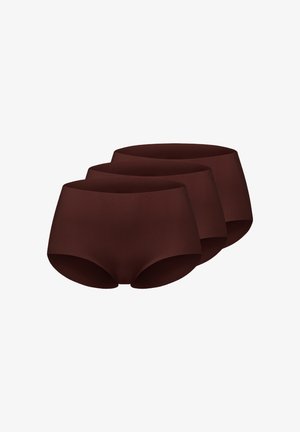 Set of three seamless brown high-waist brief underwear, displayed overlapping on a white background.