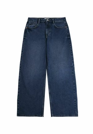 Hellebeinen dunkelblaue Denim-Jeans mit Fronttaschen, einer Knopfverschlus und subtilen Stickdetails. Glatte Textur mit klassischem Design.