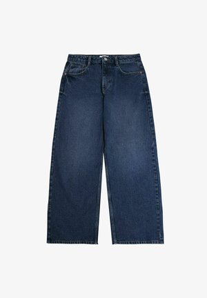 Szerokie, ciemnoniebieskie dżinsy z denimu z przednimi kieszeniami, zapięciem na guzik i subtelnymi detalami przeszycia. Gładka tekstura z klasycznym wzornictwem.