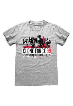 Graues Baumwoll-T-Shirt mit einem auffälligen Grafikdruck von fünf stilisierten Klontruppen mit rotem Farbspritzer und dem Text "CLONE FORCE 99".