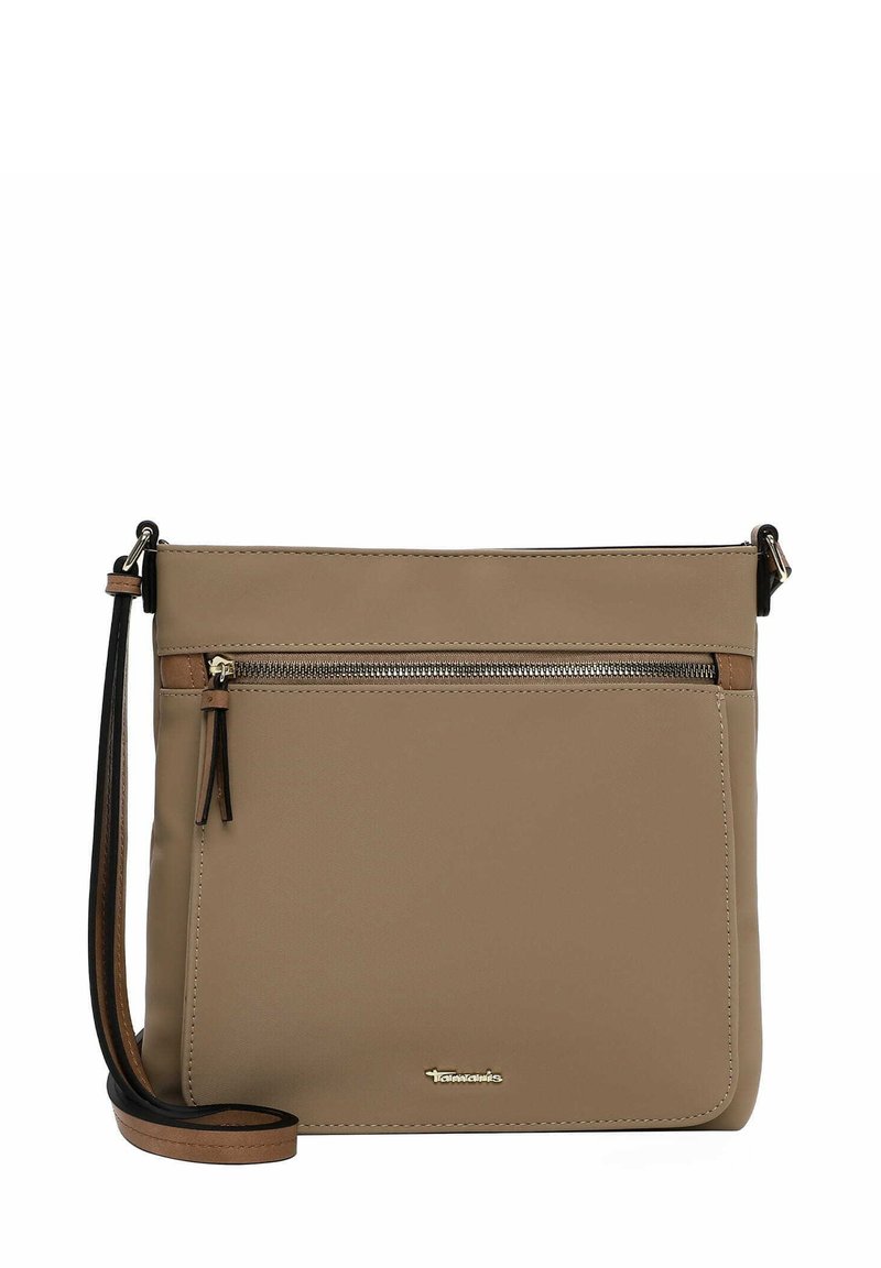 Beige synthetic crossbody bag with a zippered front pocket, adjustable strap, and subtle gold branding on the lower front. Smooth texture.