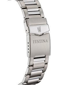 Metalinis laikrodžio apyrankė, sidabro spalvos, su šlifuotu ir poliruotu paviršiumi. Išskirtinė sagtis su išgraviruotu "FESTINA" logotipu.