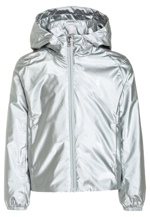 Srebrna ocieplana kurtka z kapturem, z zamkiem błyskawicznym z przodu, elastycznymi mankietami i gładkim, błyszczącym materiałem, prezentowana na białym tle.