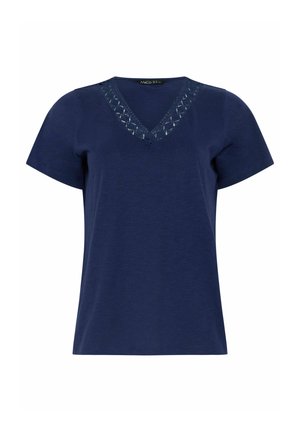 Donkerblauw T-shirt met korte mouwen en V-hals met kanten rand langs de halslijn, rechte zoom en een casual pasvorm.