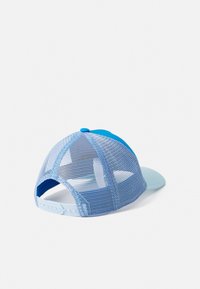 Blue cap with a solid front and mesh back, featuring a curved bill and adjustable strap. Textured fabric offers breathability.
