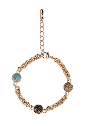 Guld kædearmbånd med tre teksturerede runde perler i turkis, sort og olivengrøn, med justerbar lås.