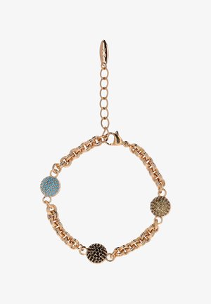 Bracciale a catena d'oro con tre perle rotonde testurizzate in turchese, nero e verde oliva, con chiusura regolabile.