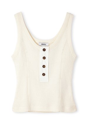 Top crema a coste con scollo rotondo e quattro bottoni marroni lungo il pannello centrale anteriore.