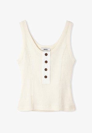 Top crema a coste con scollo rotondo e quattro bottoni marroni lungo il pannello centrale anteriore.