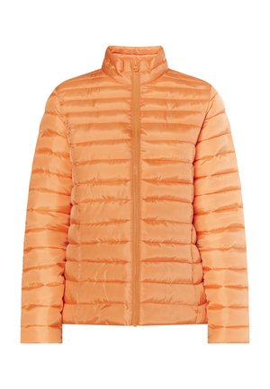 Oranž puffer-jakk kõrge krae, horisontaalne õmbluskonstruktsioon, esine lahtine lukk ja pikad varrukad. Kerge ja sile kangas.