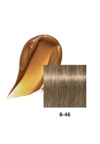 Goudbruine crèmevlek naast een vierkant stuk recht, lichtbruin haar met een glanzende textuur, gelabeld "8-46."