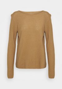 Pull à manches longues couleur camel, à coupe ample, fabriqué en tricot doux, avec un col large et arrondi et des poignets côtelés.