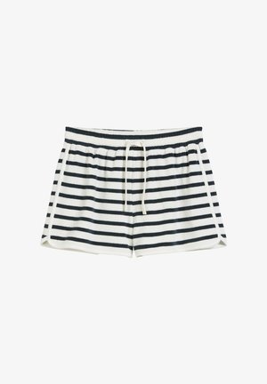 Shorts made of soft fabric, featuring alternating black and white stripes, an elastic waistband with drawstring, and side slits.
