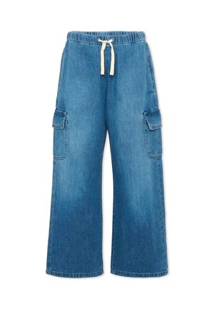 Blauwe wijde denimbroek met elastische tailleband, witte trekkoord en klepzakken aan beide zijden.