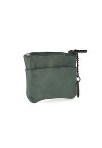 Grünes Lederbeutel-Wallet mit einem Reißverschluss, runder Form und einer kleinen Kettenakzent. Glatte Textur mit minimalen Nähten.