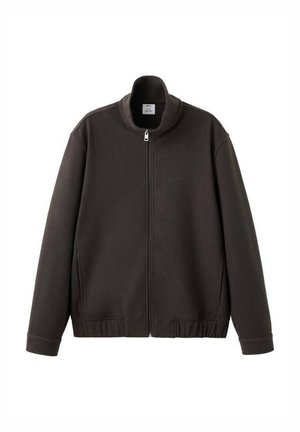 Dark brown zip-up jacket with a high collar, made of soft fabric, featuring a ribbed hem and cuffs, with side pockets.