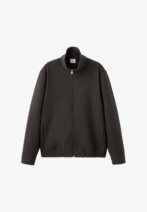 Tmavě hnědá bunda na zip s vysokým límcem, vyrobená z měkké látky, s žebrovaným lemem a manžetami, s bočními kapsami.