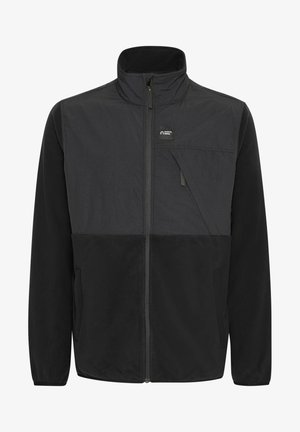 Sort jakke med en blanding af glatte og teksturerede stoffer, høj krave, lynlås foran og to sidelommer. Logo på øverste venstre bryst.