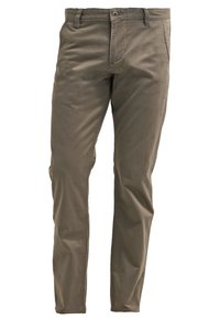 Pantalon kaki à coupe droite, fabriqué en tissu mélange de coton. Il comporte une fermeture devant à boutons et des passants pour ceinture. Texture lisse.