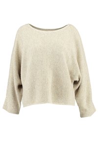 Suéter beige de punto con amplio escote barco, mangas largas sueltas y un corte relajado.