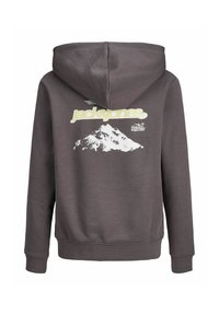 Felpa con cappuccio grigio scuro con cordoncino. Presenta una grafica di una montagna bianca e il testo "Jack & Jones" in giallo chiaro sul retro. Tessuto morbido.