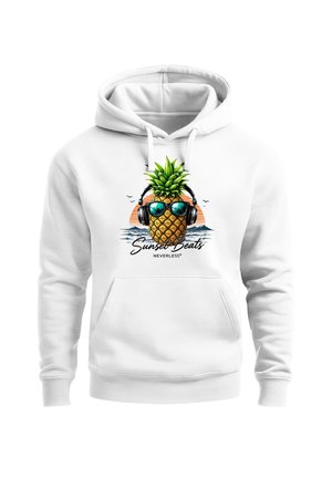 White hoodie with a graphic of a pineapple wearing headphones and sunglasses, with ocean waves and a sunset in the background.