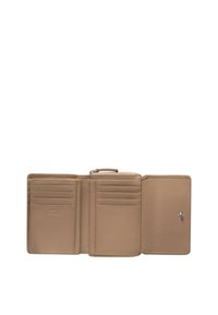 Beige leather wallet with multiple card slots, a zippered compartment, and a snap closure. Smooth texture and minimalist design.