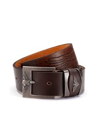 Brauner Ledergürtel mit geprägtem Flügelmuster und silberfarbener Metallschnalle, die eine geflügelte Figur zeigt. Strukturierte Oberfläche mit glattem Innenfutter.